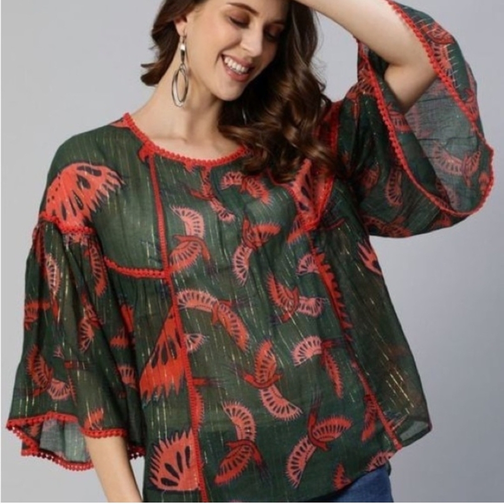 Rachel Zoe Green and Red Bird Print Lace Trim 3/4 Sleeve Blouse